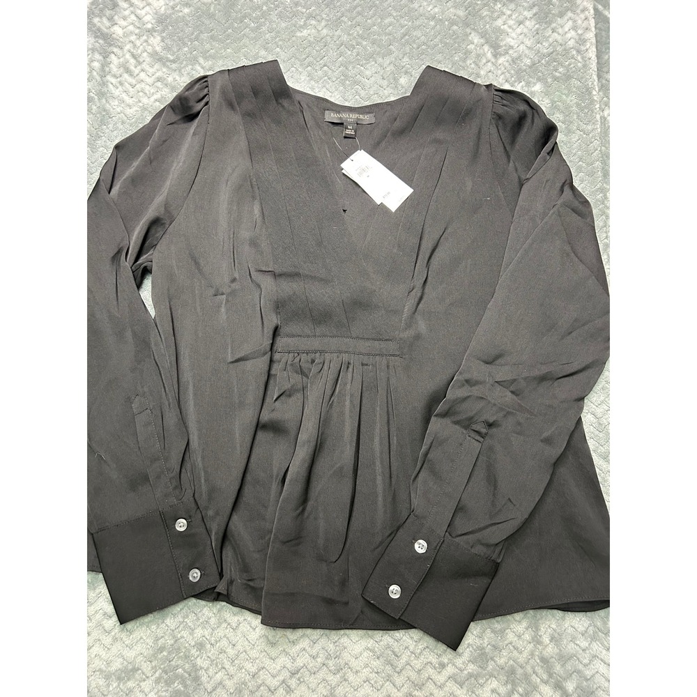 Banana Republic Womens Black V-Neck Pleated Peplum Blouse 822518-00-1 Medium NEW